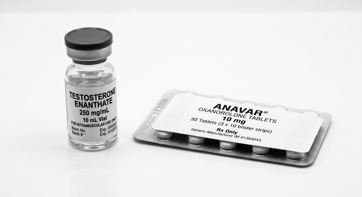 A testosterone enanthate vial beside a blister pack of Anavar tablets