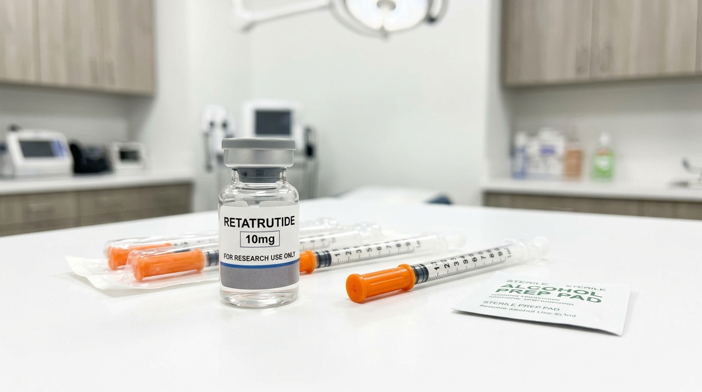 A retatrutide vial and syringes on a clinic bench